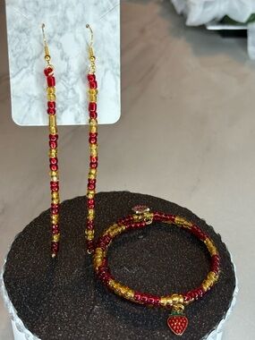 Gold & Red glass Beaded wire wrap Bracelet and Earrings Set